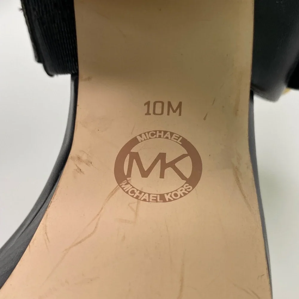 Michael Kors Carmen Black Leather Platform Sandals Heels Block Heel Logo Size 10